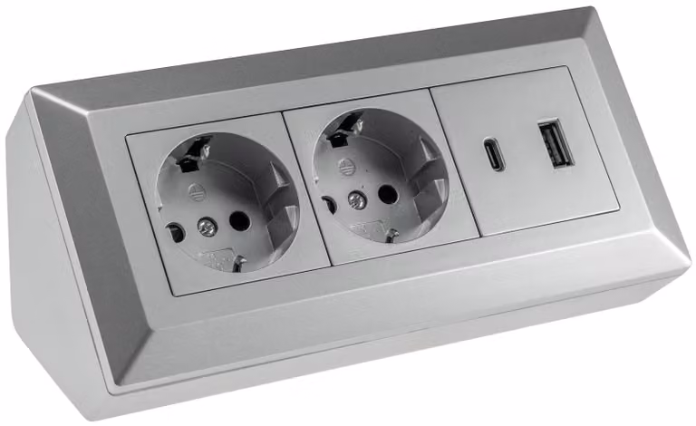 Blocco presa 2 volte, USB-A, USB-C PD, grigio argento
