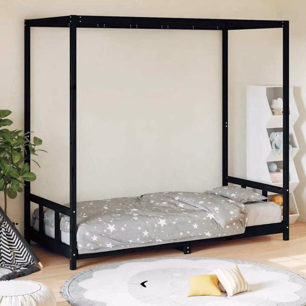 vidaXL Giroletto per bambini in legno massello di pino, Nero, 90 x 200 cm