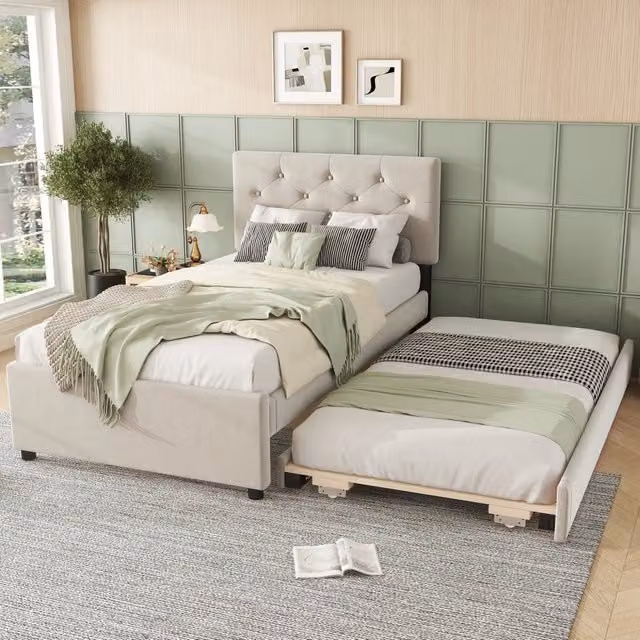 Letto singolo 90 × 200 cm con letto estraibile 90 × 190 cm, testiera imbottita, senza materassi, beige