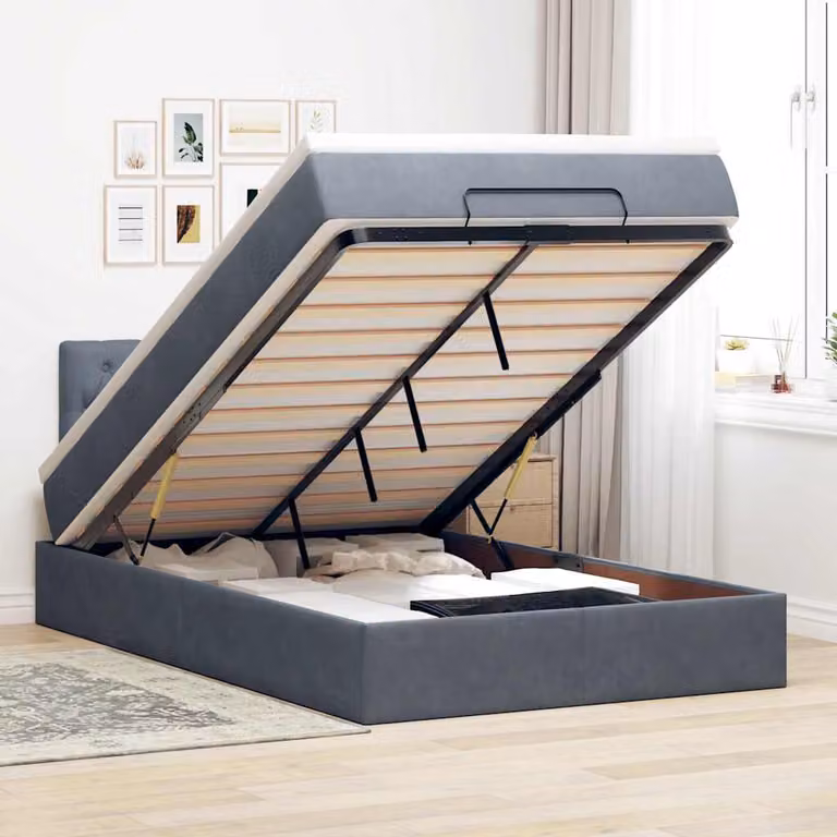 Letto con contenitore a sollevamento e materasso vidaXL in velluto grigio e bianco, L/P/H: 200 x 120 x 88 cm
