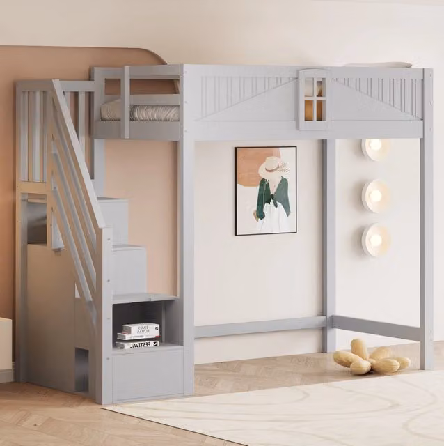 Letto a soppalco 90 x 200 cm in legno con scala reversibile e ripiano; grigio