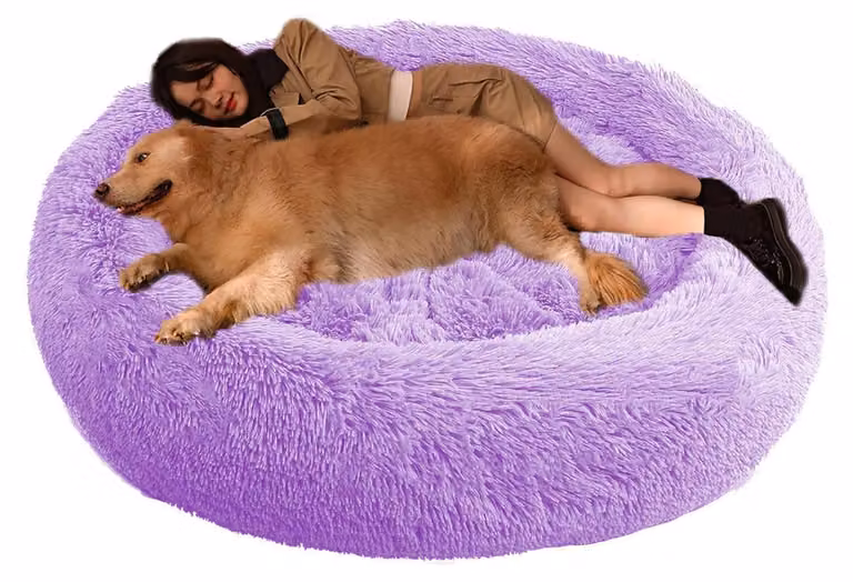 Cuccia ortopedica rotonda, diametro 130 cm, color lilla, in peluche, lavabile