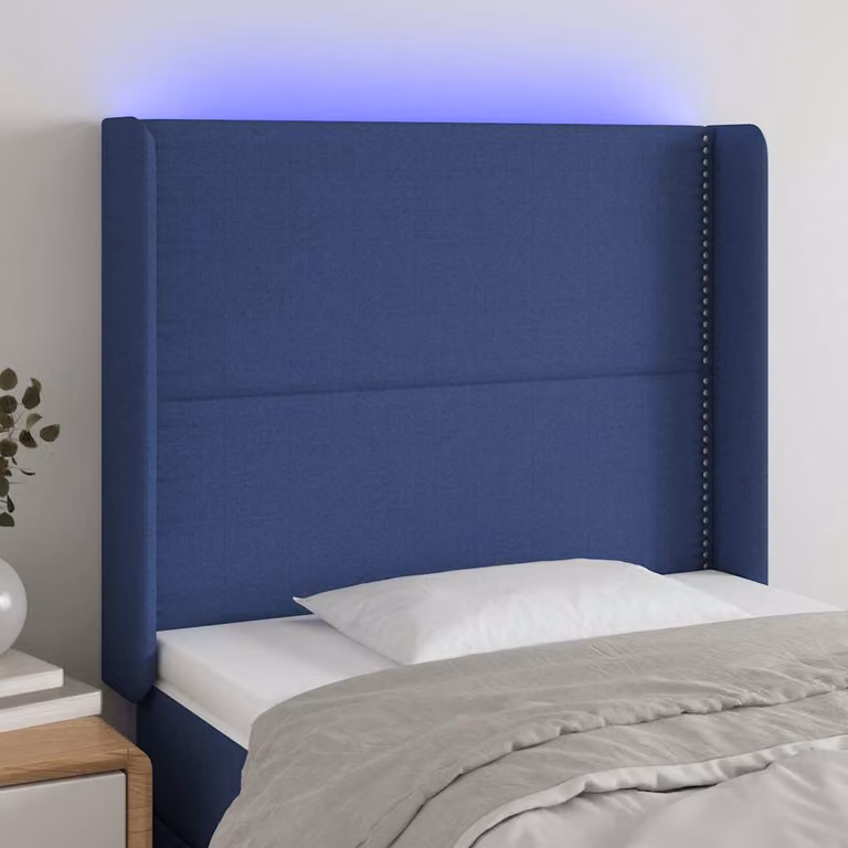 Testiera per letto vidaXL in tessuto blu con illuminazione LED integrata e porta di ricarica USB, L: 103 cm, P: 16 cm, H: 118-128 cm