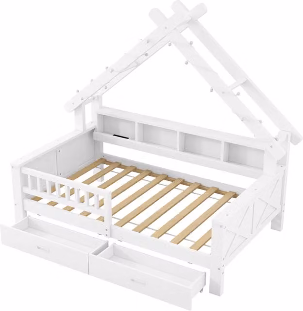Letto a piattaforma in legno bianco a forma di casetta 90x200 cm con LED, cassetti, ripiani e sponda protettiva