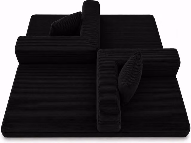 Divano Letto Piattaforma in Velluto a Coste Nero, Convertible con Braccioli e Schienale, per Soggiorno e Camera da Letto