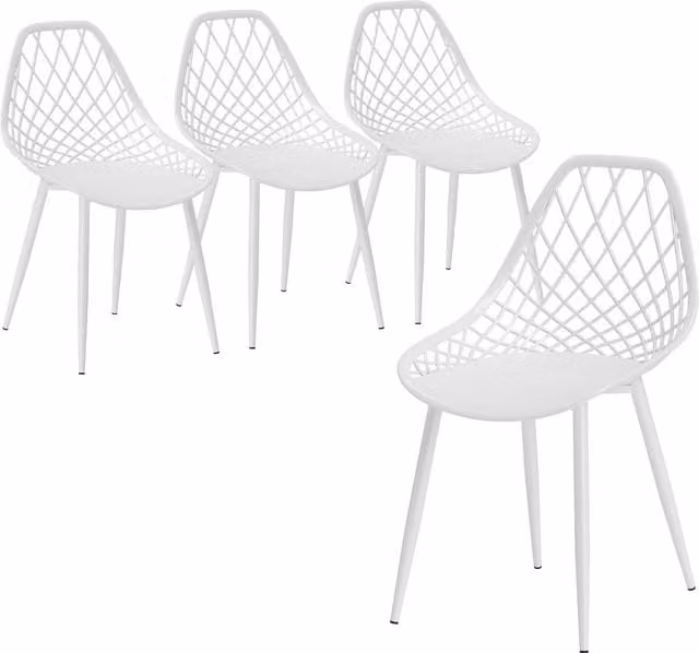 Set di 4 sedie da pranzo moderne HOMCOM con schienale traforato in plastica e gambe in metallo, colore bianco