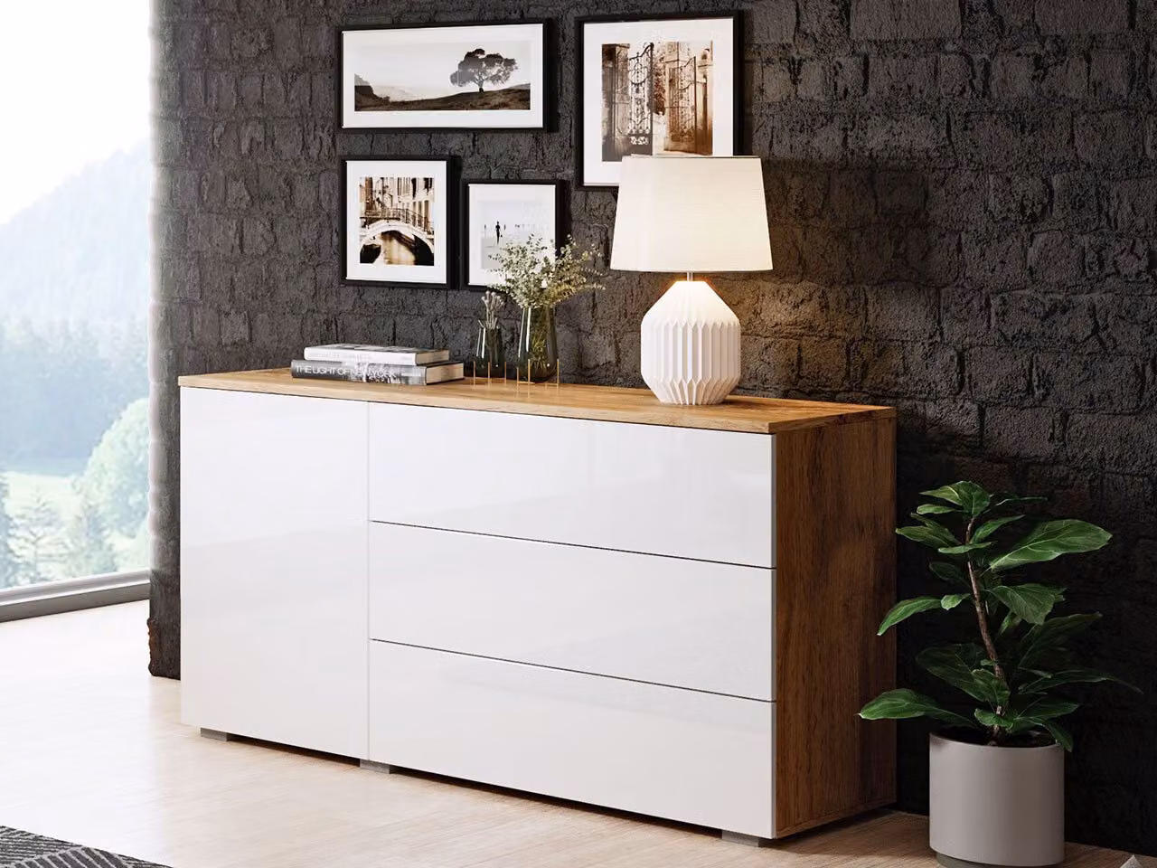 Cassettiera combinata moderna MERISA 110 - bianco lucido / rovere wotan