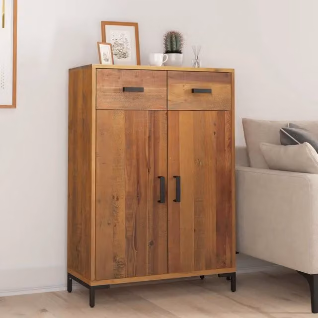 Scarpiera a parete in legno di pino e metallo stile industrial vidaXL, marrone opaco, L: 75 cm, P: 40 cm, H: 110 cm – 1