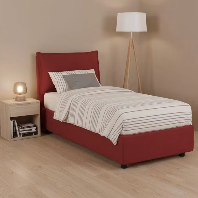 Letto singolo contenitore Azzurrino di Talamo Italia con rivestimento in tessuto rosso e apertura frontale, adatto per materasso 80x200 cm