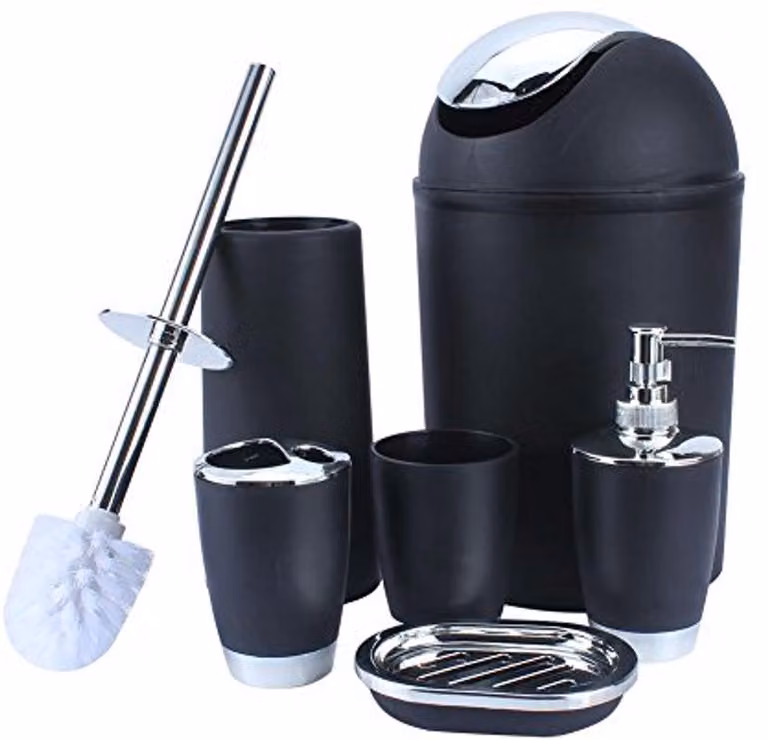 Set da bagno nero in 6 pezzi: bicchiere, portaspazzolino, sottobicchiere, dispenser per sapone