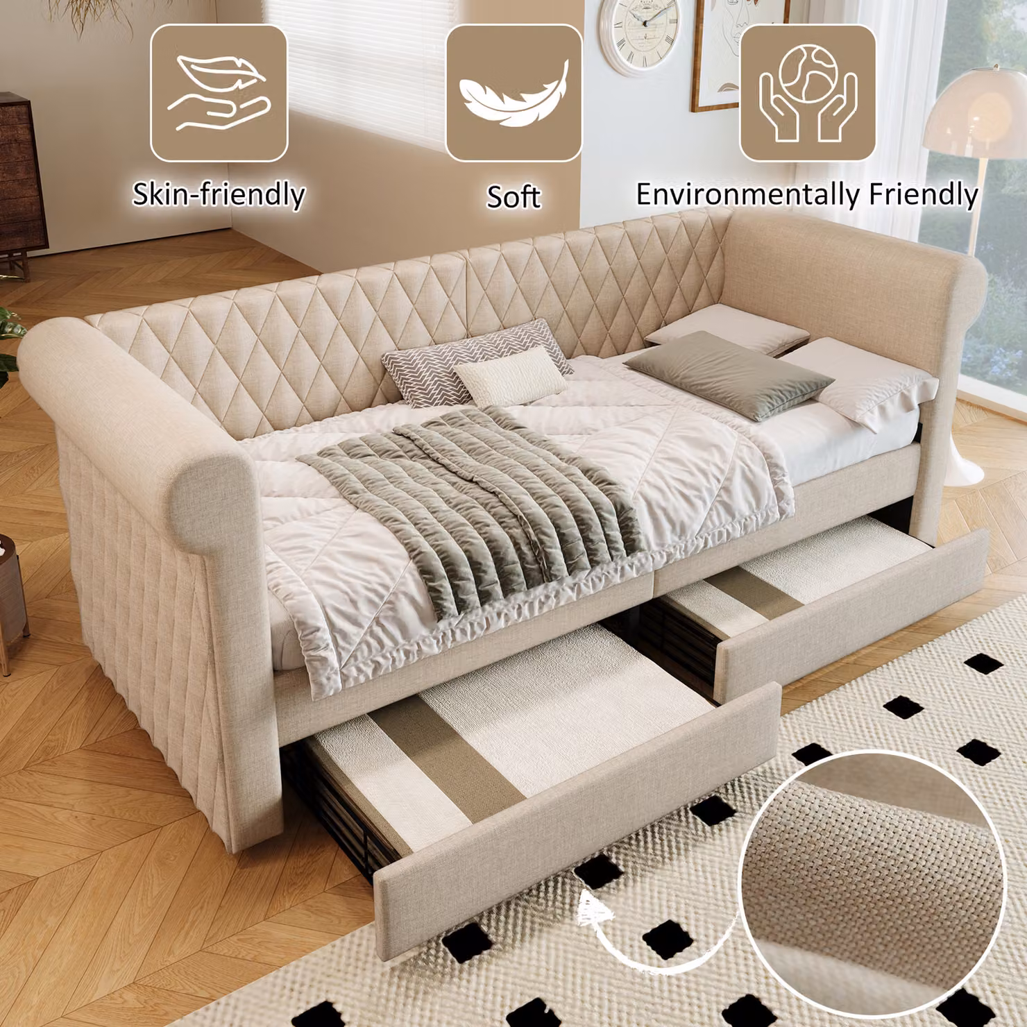 STILVORA Letto imbottito 90x200 cm Divano letto con testiera vintage, divano letto con 2 cassetti portaoggetti, letto per ragazzi con rete a doghe, lino, beige (senza materasso)