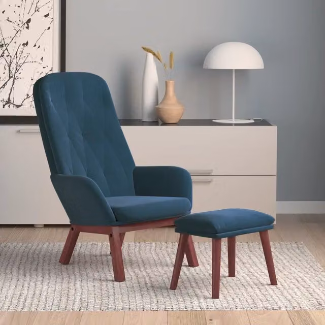 Poltrona Relax con Poggiapiedi vidaXL in Velluto Blu con Struttura in Metallo e Legno