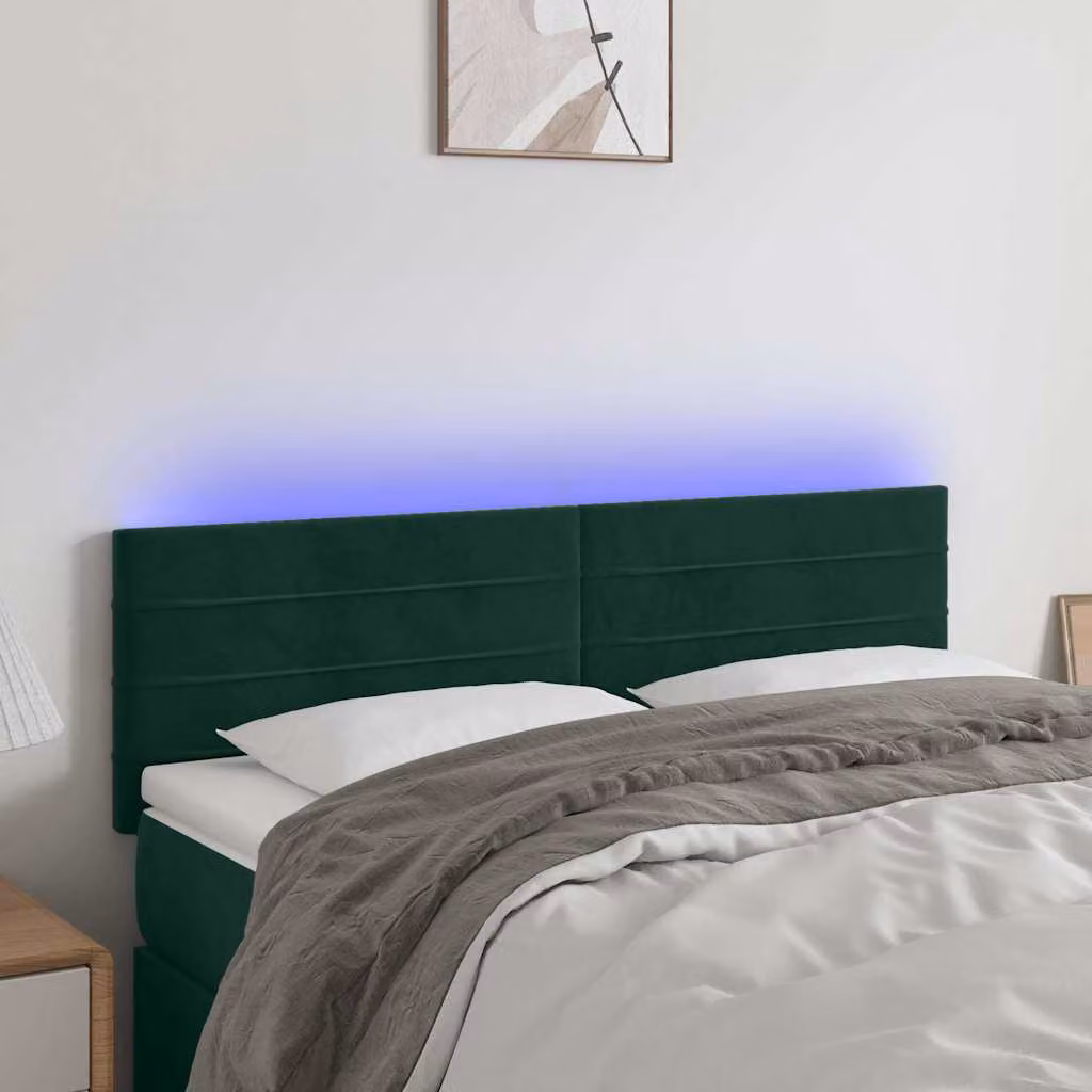 Testiera per letto vidaXL in velluto verde scuro con illuminazione LED integrata e porta di ricarica USB, L 144 cm, P 5 cm, H 78-88 cm