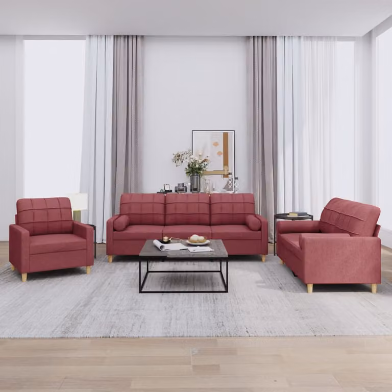 Set di divani 3 pezzi vidaXL in tessuto rosso con cuscini per soggiorno moderno