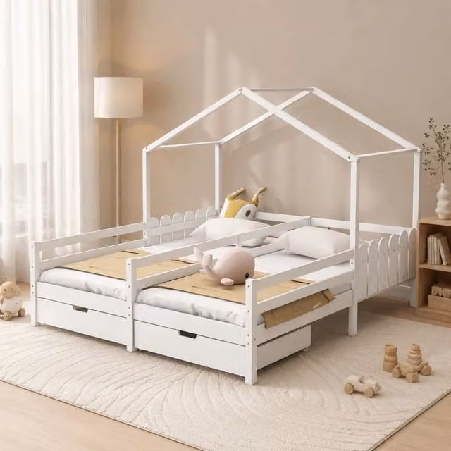 Letto a castello a casetta MODFU per bambini in legno e MDF bianco con 2 cassetti L/P/H: 208 x 90 x 158 cm