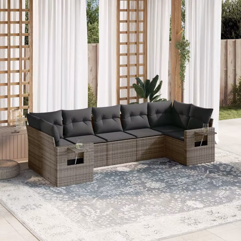 vidaXL Set Divani da Giardino 7 pz in Polyrattan Grigio con Cuscini e Tavolino