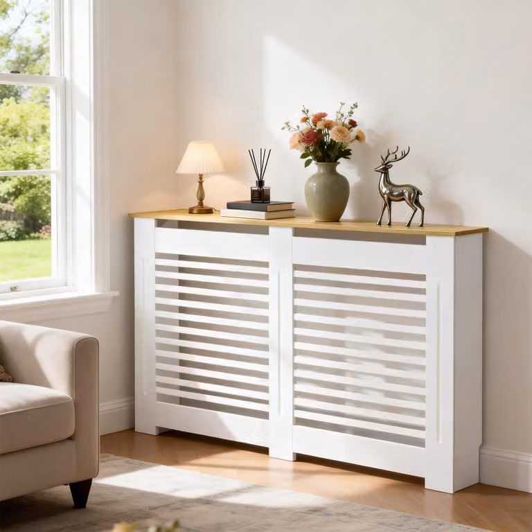 Copertura per radiatore in MDF bianco con cornice in legno