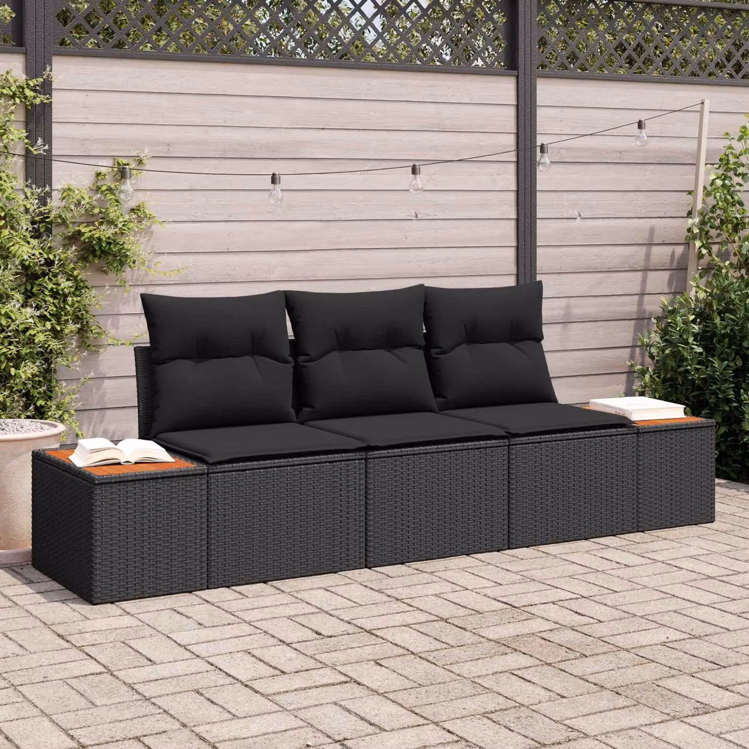 Set Divano da Giardino vidaXL 3 posti in Rattan Nero con Cuscini e Struttura in Metallo – 1