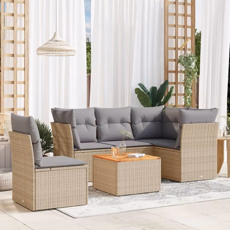 vidaXL Set Divano da Giardino 6 pz a L con Polyrattan e Cuscini Beige e Tavolino da Esterno