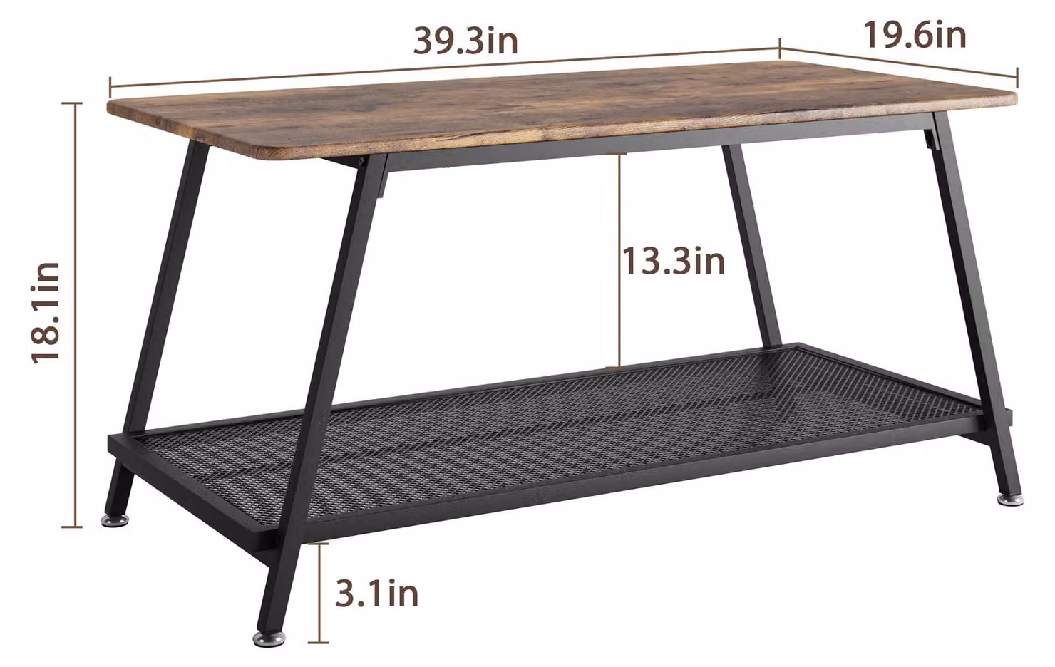 Tavolino da salotto in stile industriale - Tavolino rettangolare - A 2 piani con ripiano a griglia - Struttura in legno - Colore marrone rustico