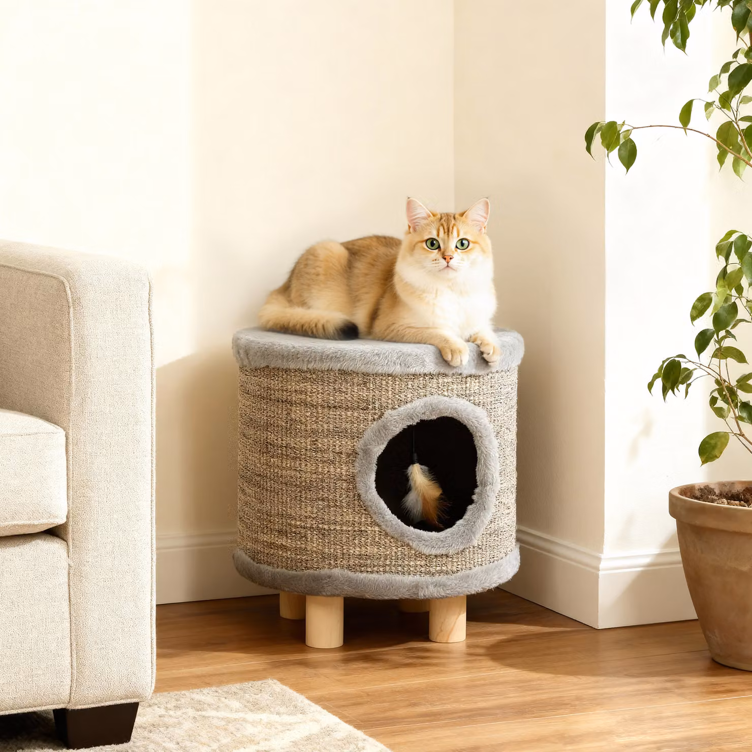 Cuccia per gatti 3 in 1 PawHut: letto, sgabello e poggiapiedi con tiragraffi in sisal e gambe in legno, Grigio, L/P/H: 36 x 36 x 38 cm – 2