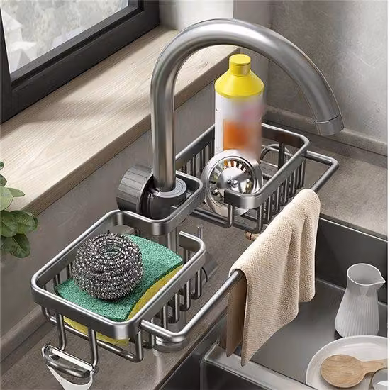 Pratica mensola in alluminio per la cucina, ideale per riporre gli utensili da cucina, compresi i detersivi per i piatti; adatta anche per i rubinetti; perfetta per il bagno, il balcone e la cucina.