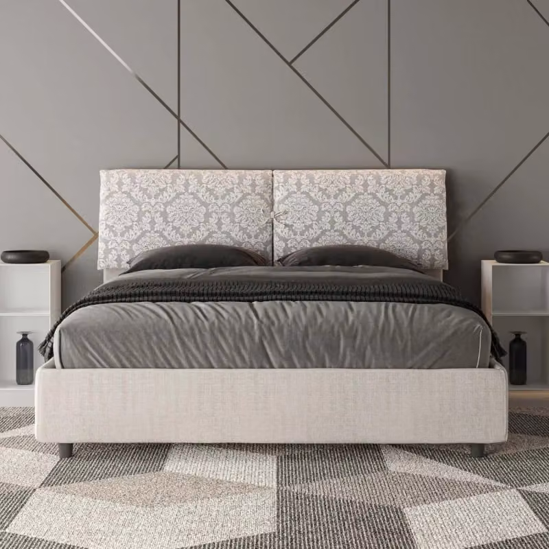 Letto matrimoniale imbottito moderno ITYHOME in tessuto bianco con decorazione floreale L/P/H: 222 x 110 x 175 cm – 2