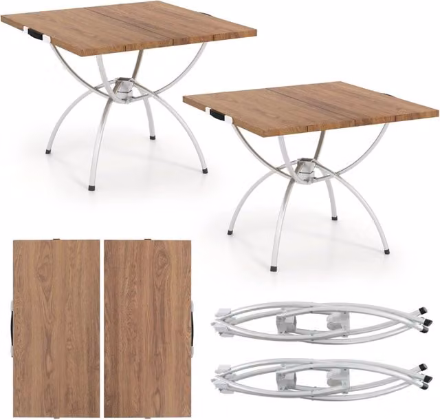 Set di 2 tavoli da picnic pieghevoli ed estensibili Design Mania con piano effetto legno in alluminio, colore naturale, L/P/H: 61 x 46,5 x 25 cm – 1