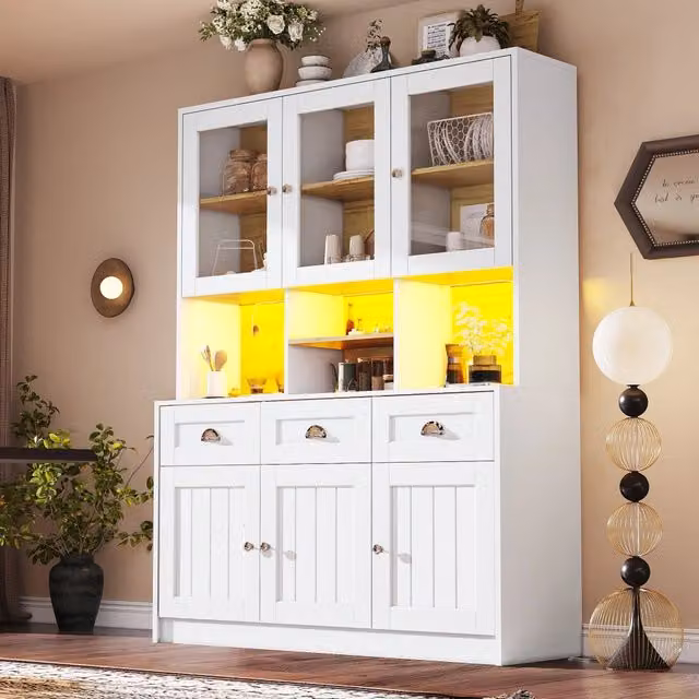 Hochschrank für Küche 140x40x175 cm in Weiß/Schwarz mit LED-Beleuchtung und verstellbaren Ablagen