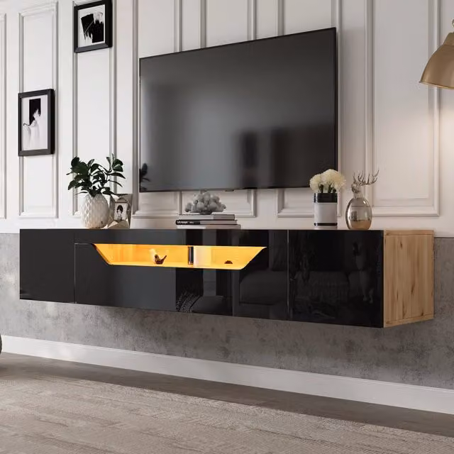Mobile TV sospeso 180x37x36 cm, 3 vani, LED, lucido nero e legno naturale. Per TV fino a 75". Montaggio a parete. Non richiede base a molle.