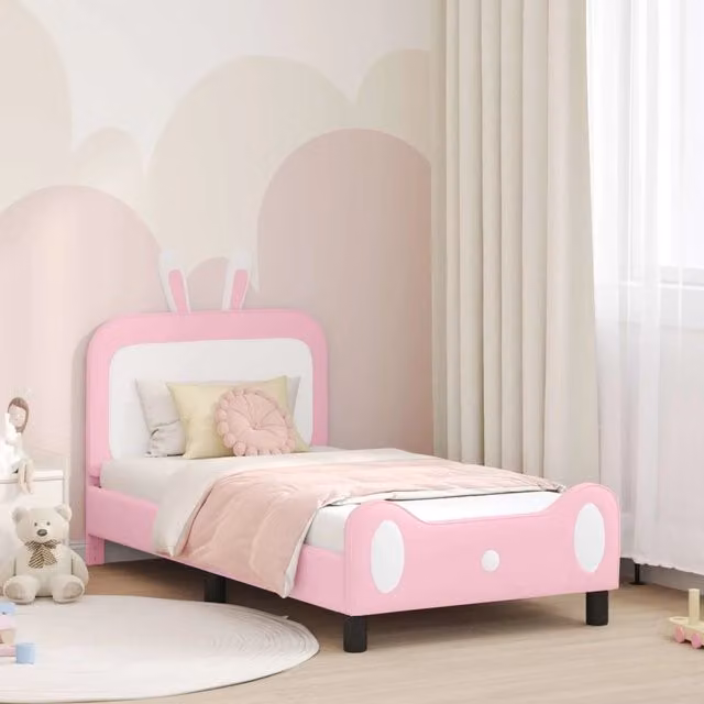 Struttura letto per bambini con testata e giroletto in ecopelle rosa DESIGN IN L 160 x P 80 cm