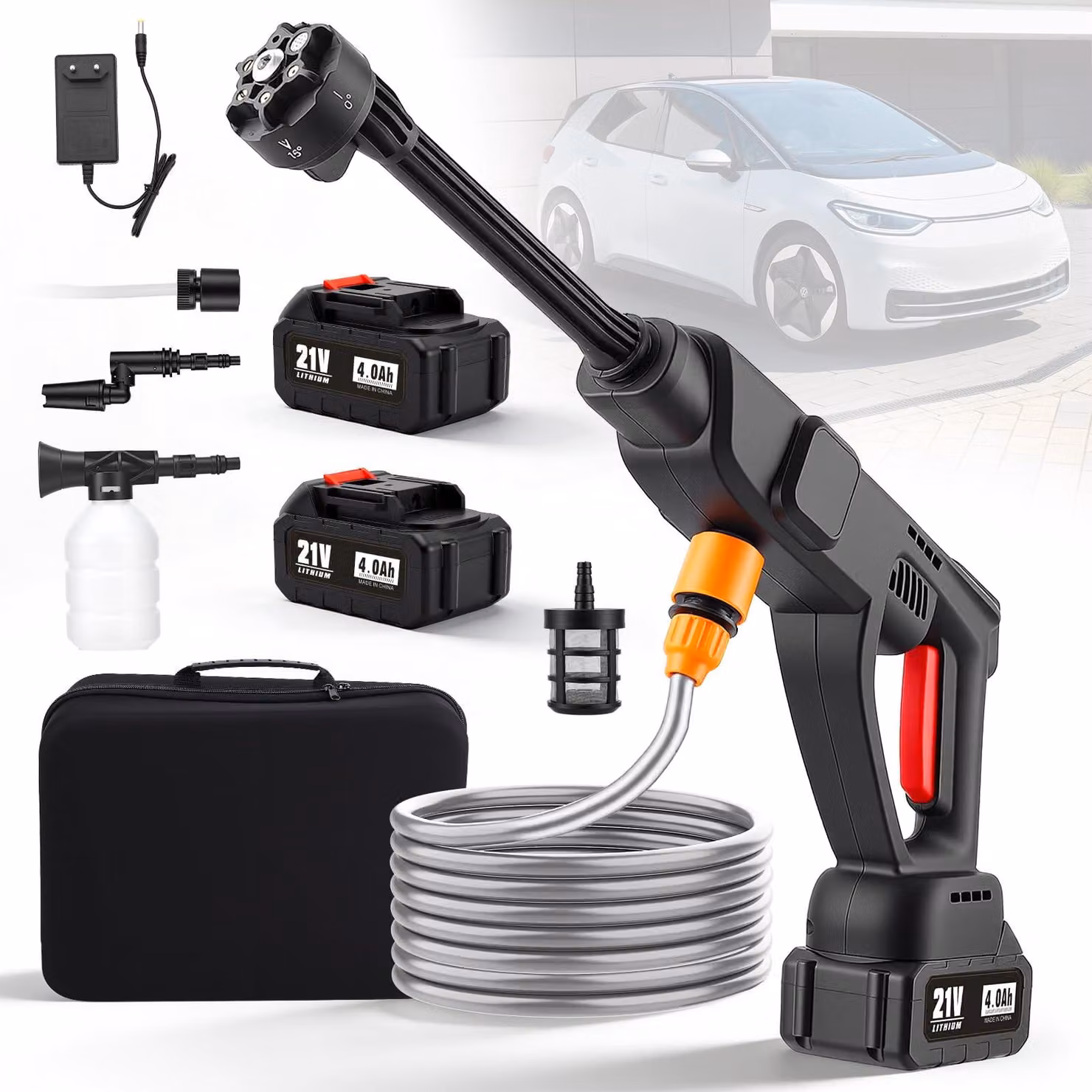 Idropulitrice a batteria, 1100 psi, 500 l/h, 2 batterie da 4,0 Ah, ugello multifunzione 6-in-1