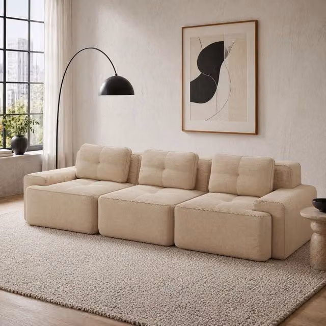 Divano modulare imbottito in corduroy beige 293x104x69 cm con seduta profonda e senza montaggio