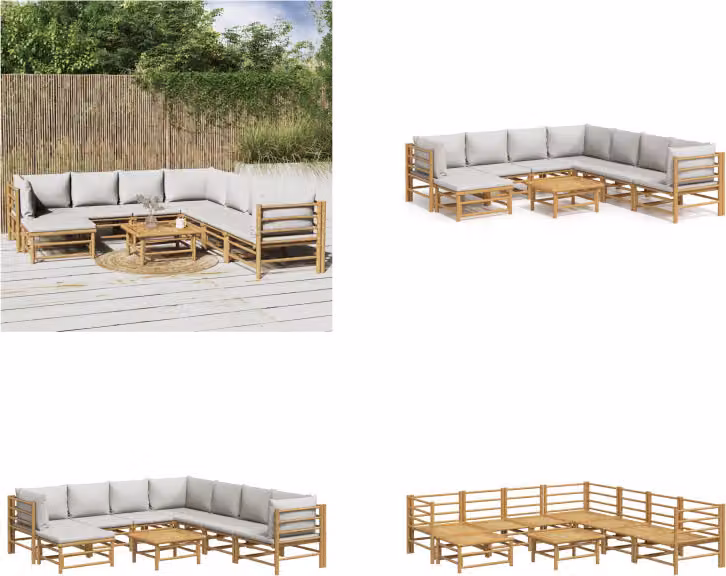 vidaXL 9 pezzi set salotto da giardino con cuscini grigio chiaro bambù - Set salotto da giardino - Set salotto da giardino - Set salotto - Set mobili da giardino