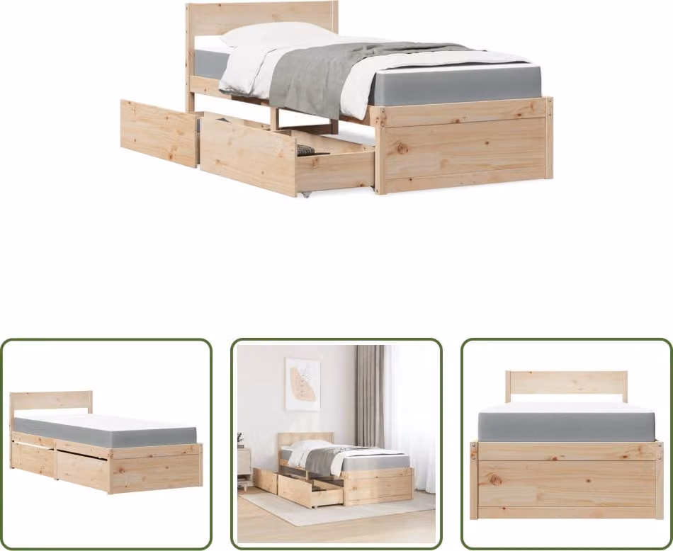 The Living Store Letto con cassetti e materasso 90x200 cm in legno di pino massiccio