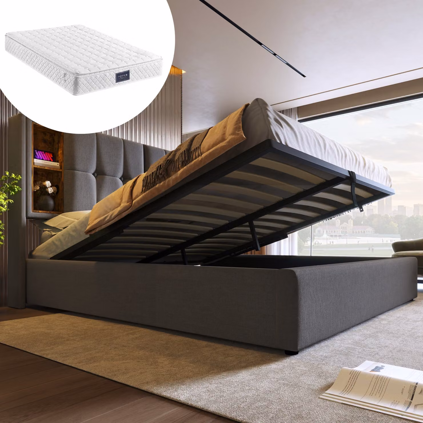 MODFU Letto contenitore imbottito, dimensione 140x200 cm - Con spazio contenitore integrato e tecnologia di ricarica wireless USB-C - Struttura del letto e materasso inclusi - Tessuto in cotone grigio