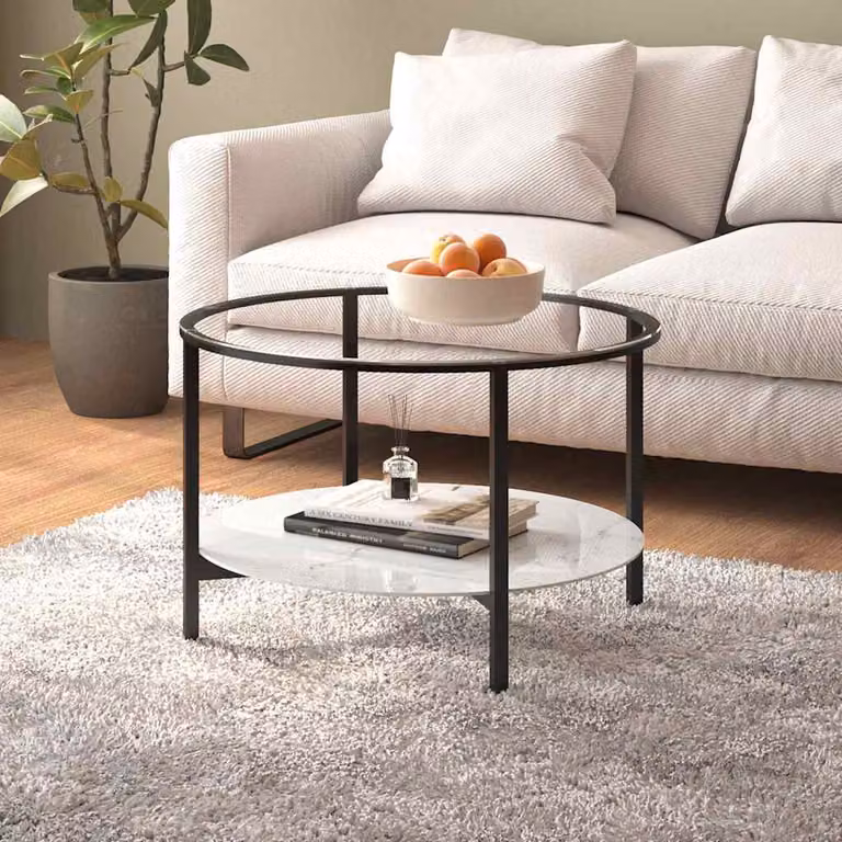 vidaXL Tavolino da Salotto Moderno Rotondo in Vetro Temperato Nero e Marmo Bianco