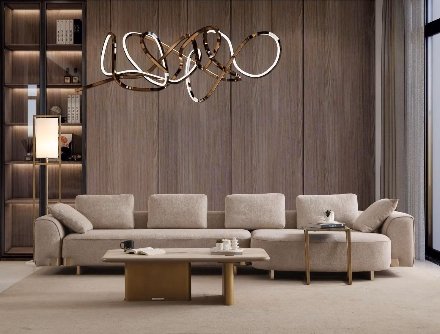 Ecksofa Beige Holz/Textil modern stilvoll