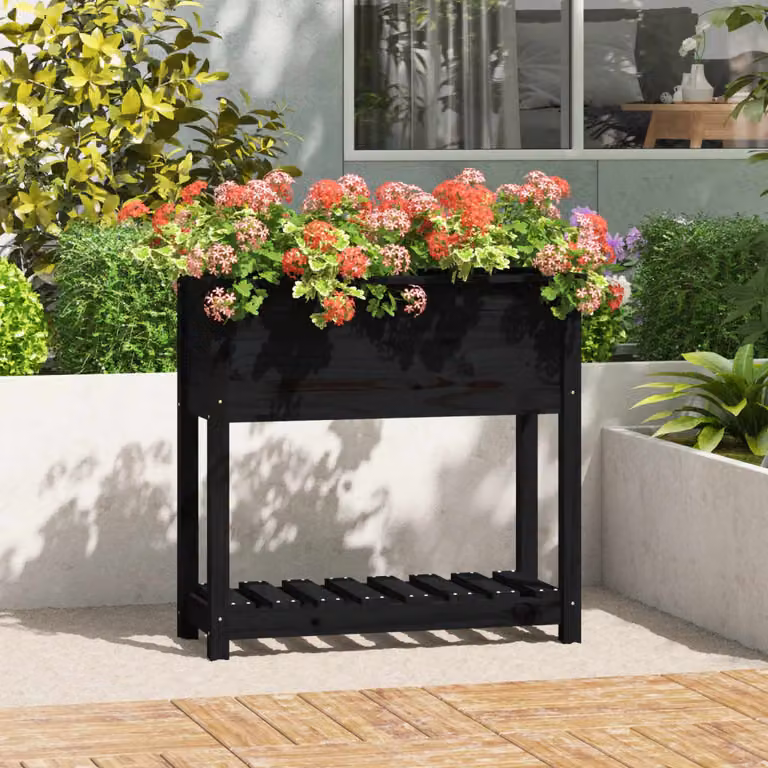 Fioriera con mensola vidaXL in legno di pino massello, colore nero, L: 82,5 cm, P: 34,5 cm, H: 81 cm