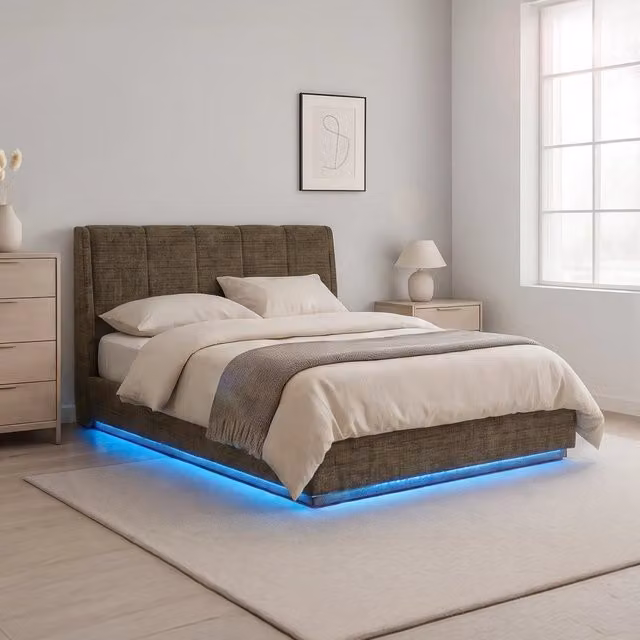 Letto Francese Contenitore Tröstiar con Apertura a Ribalta e Luce LED 140x200 cm - Effetto Lino Verde [en.casa]