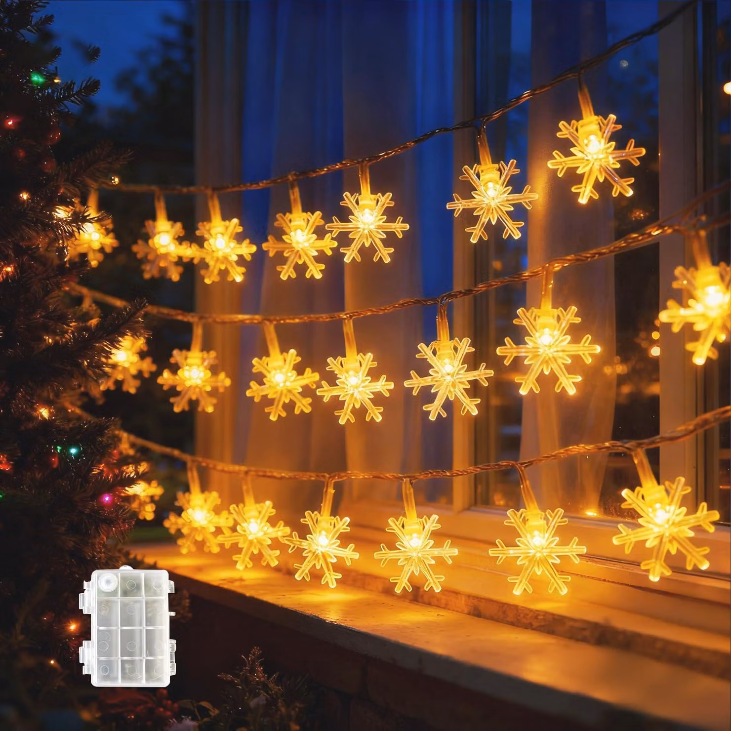 Catena luminosa a LED a forma di fiocchi di neve, 6 metri, 40 LED, luce bianco caldo, alimentata a batteria