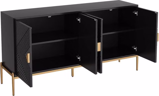 Credenza moderna con 4 ante e motivo geometrico 3D in MDF e gambe in metallo, colore nero, L: 162 cm, P: 40 cm, H: 80 cm