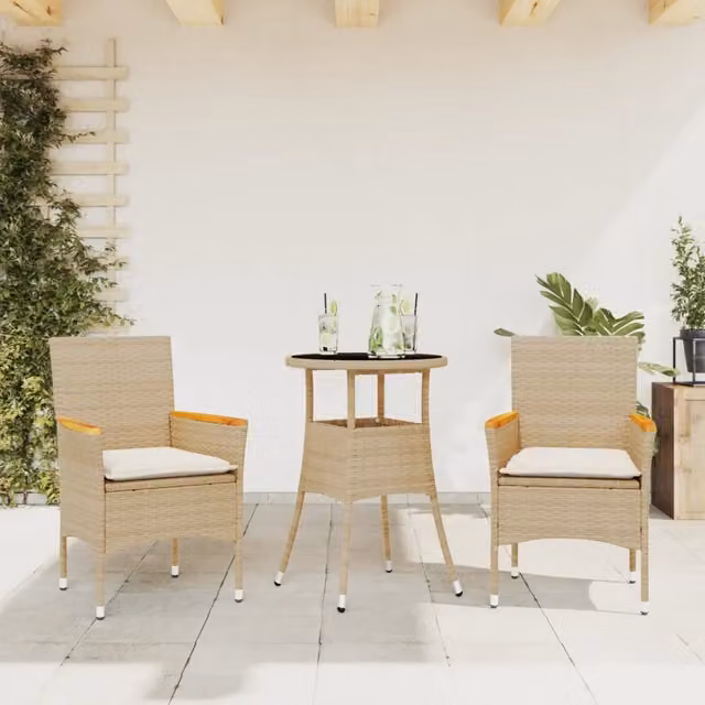 Set da Pranzo da Giardino 3 pz vidaXL in Polyrattan e Legno di Acacia con Cuscini Beige e Vetro
