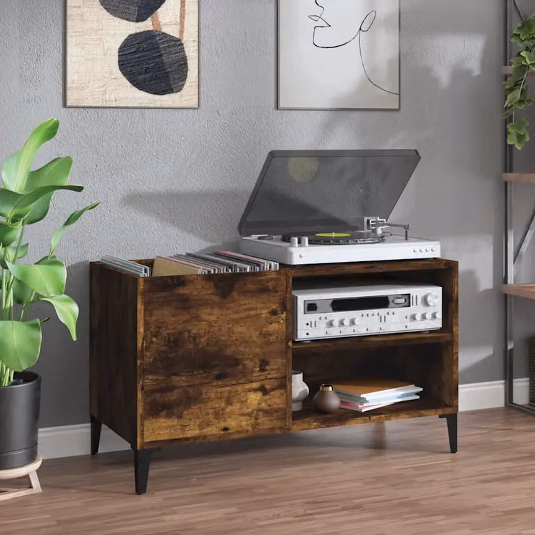vidaXL Mobile Porta Dischi in Rovere Fumo e Legno Multistrato, Colore Marrone, L/P/H: 84,5 x 38 x 48 cm