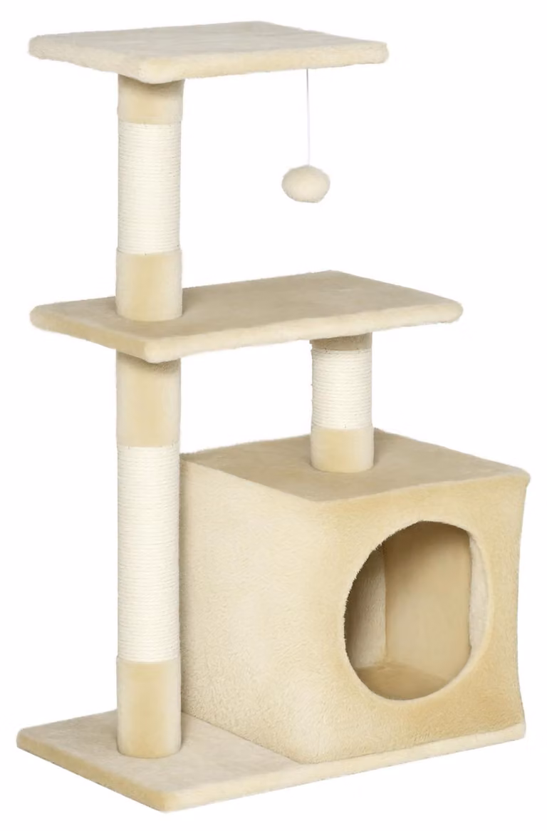 PawHut Tiragraffi con mobili in sisal per gatti e giocattoli in peluche, beige, altezza 81,5 cm