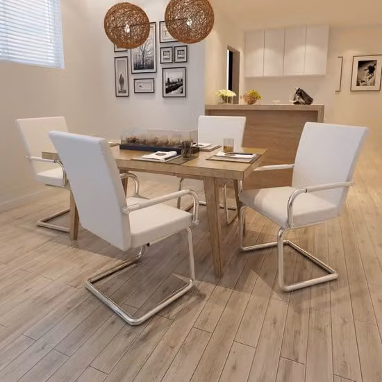 Set di 4 sedie a sbalzo SHUJING, sedie da pranzo, sedie per sala da pranzo, sedie per tavolo da pranzo, sedie per visitatori, sedie da cucina, sedie per sala da pranzo, in ecopelle bianca