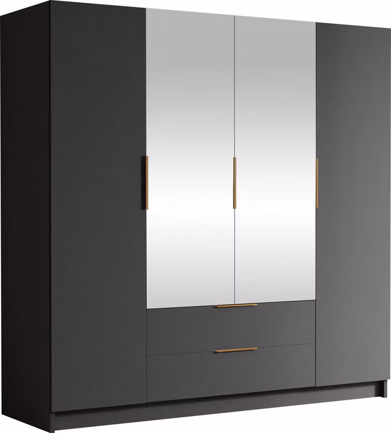 MIRJAN24 Armadio Sofia II 200, camera da letto, con specchio, armadio a battente, con asta appendiabiti, moderno, armadio, maniglie in metallo (colore: nero + oro)