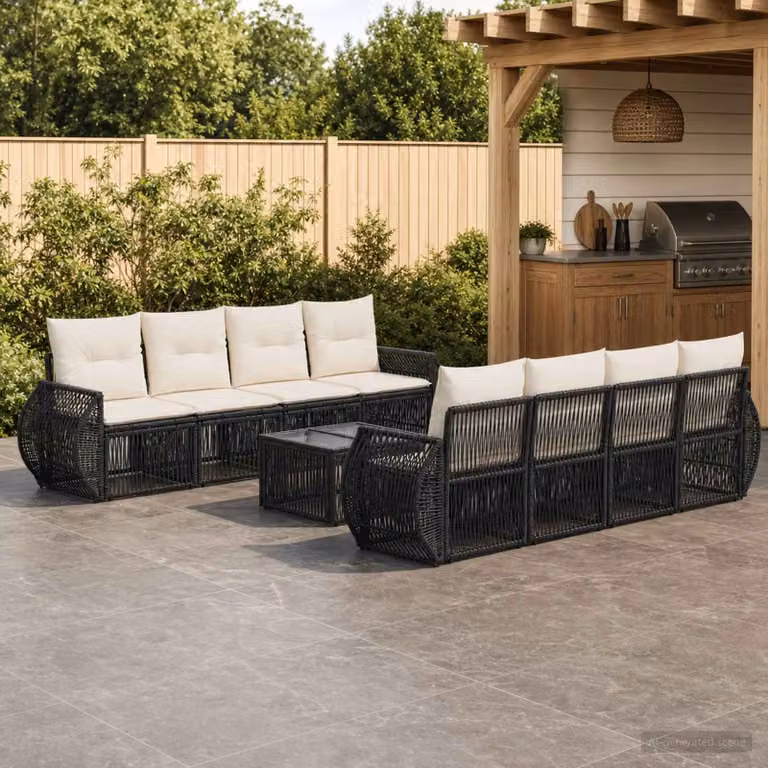 Set Divano da Giardino vidaXL 9 pz in Polyrattan Nero con Cuscini e Tavolino