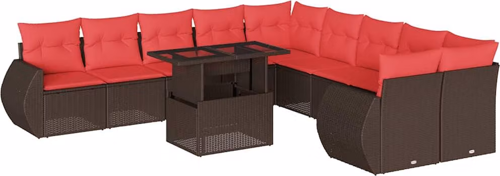 Set Divani da Giardino 11 pz con Cuscini Marrone in Polyrattan