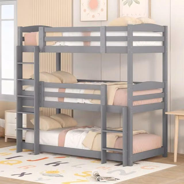 Letto a Castello Triplo in Legno ¨C MINIMAL ¨C Grigio, 90x200